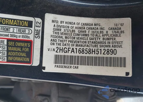 2008 Honda Civic Ex z USA, uszkodzony, nr VIN 2HGFA16858H512890